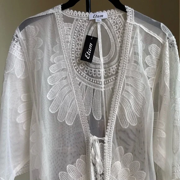 FINAL SALE - Etam White Sheer Lace Kimono Cover-Up size S/M - Picture 5 of 5